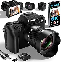 Saneen Digital Camera, 8k Cameras for Photography, 64MP WiFi Touch Screen Vlogging Camera with Flash, 32GB SD Card, Lens Hood,3000mAH Battery, Front and Rear Cameras,Hot Shoe Interface Beginner