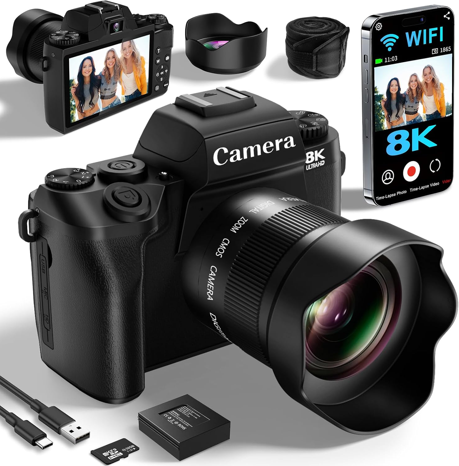 Saneen Digital Camera, 8k Cameras for Photography, 64MP WiFi Touch Screen Vlogging Camera with Flash, 32GB SD Card, Lens Hood,3000mAH Battery, Front and Rear Cameras,Hot Shoe Interface Beginner-0