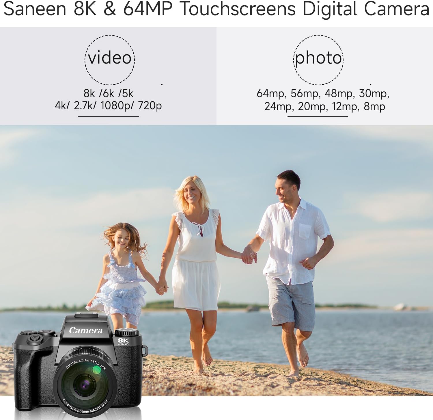 Saneen Digital Camera, 8k Cameras for Photography, 64MP WiFi Touch Screen Vlogging Camera with Flash, 32GB SD Card, Lens Hood,3000mAH Battery, Front and Rear Cameras,Hot Shoe Interface Beginner-1