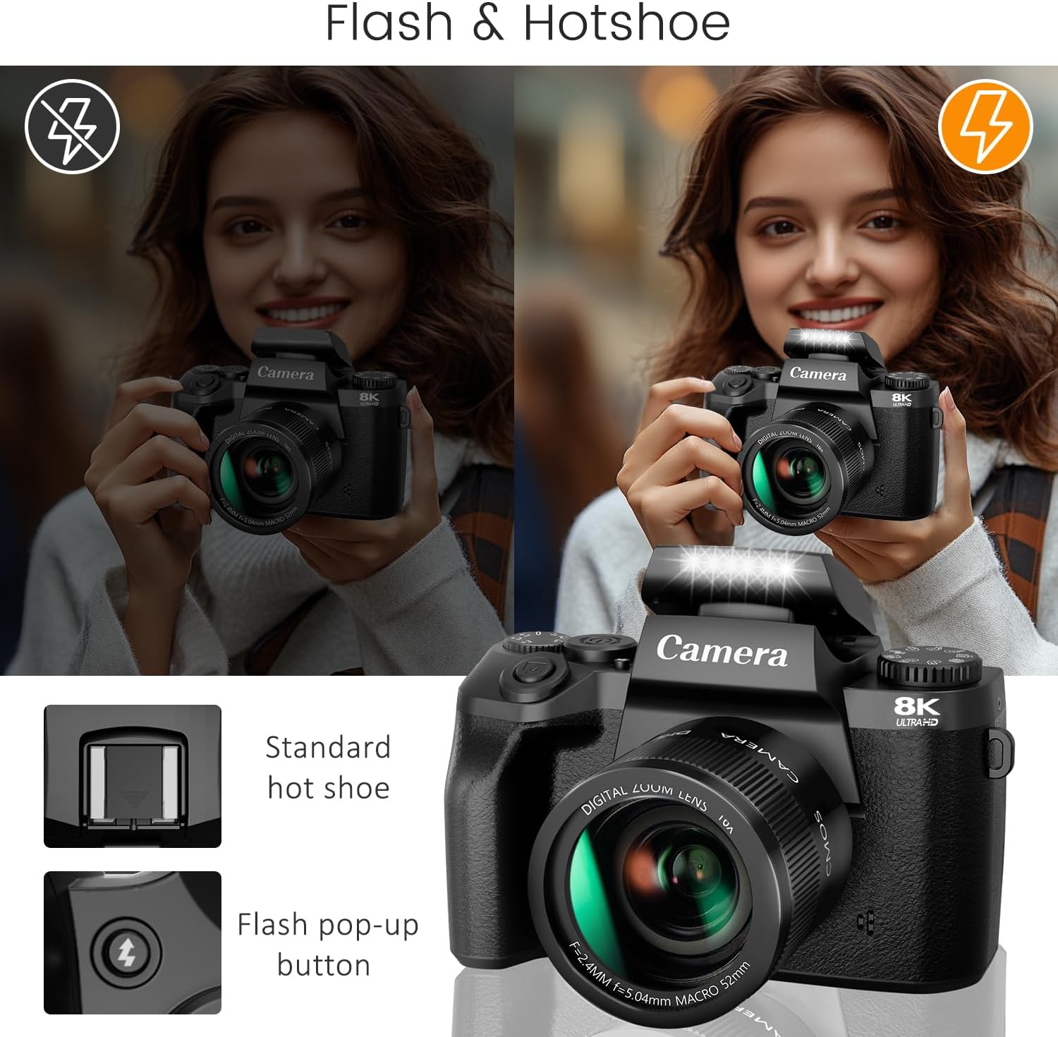 Saneen Digital Camera, 8k Cameras for Photography, 64MP WiFi Touch Screen Vlogging Camera with Flash, 32GB SD Card, Lens Hood,3000mAH Battery, Front and Rear Cameras,Hot Shoe Interface Beginner-6