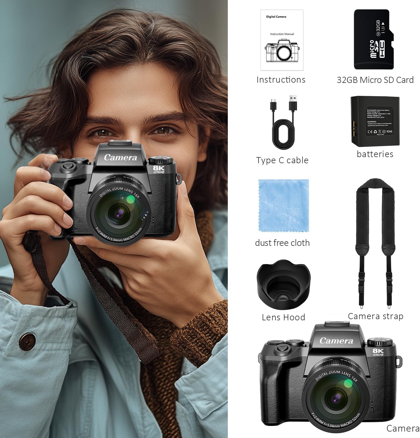 Saneen Digital Camera, 8k Cameras for Photography, 64MP WiFi Touch Screen Vlogging Camera with Flash, 32GB SD Card, Lens Hood,3000mAH Battery, Front and Rear Cameras,Hot Shoe Interface Beginner-8