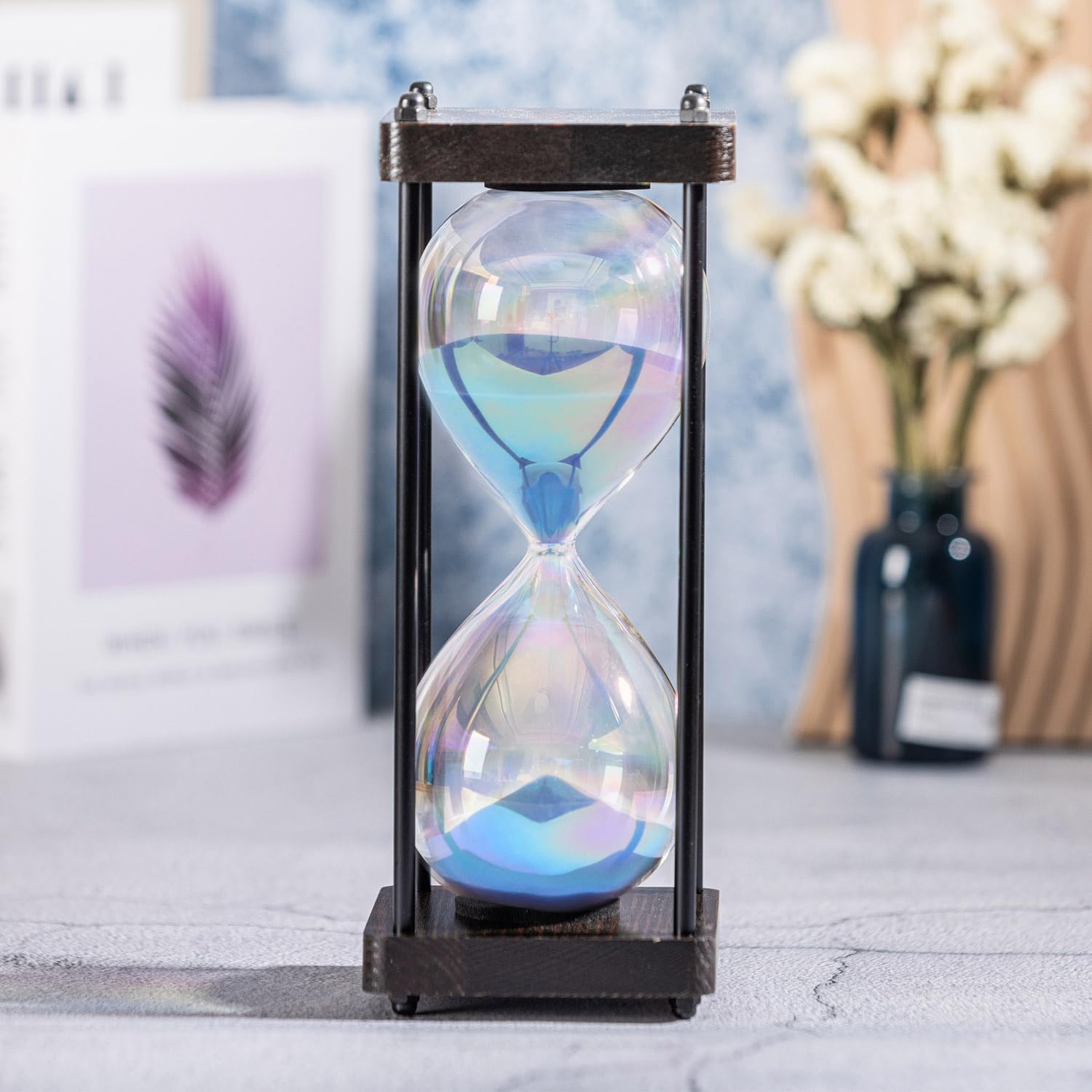 Rainbow Hourglass Timer 60 Minute, Wooden Frame Decorative Sand Timer (Blue Sand, Large Size)-1