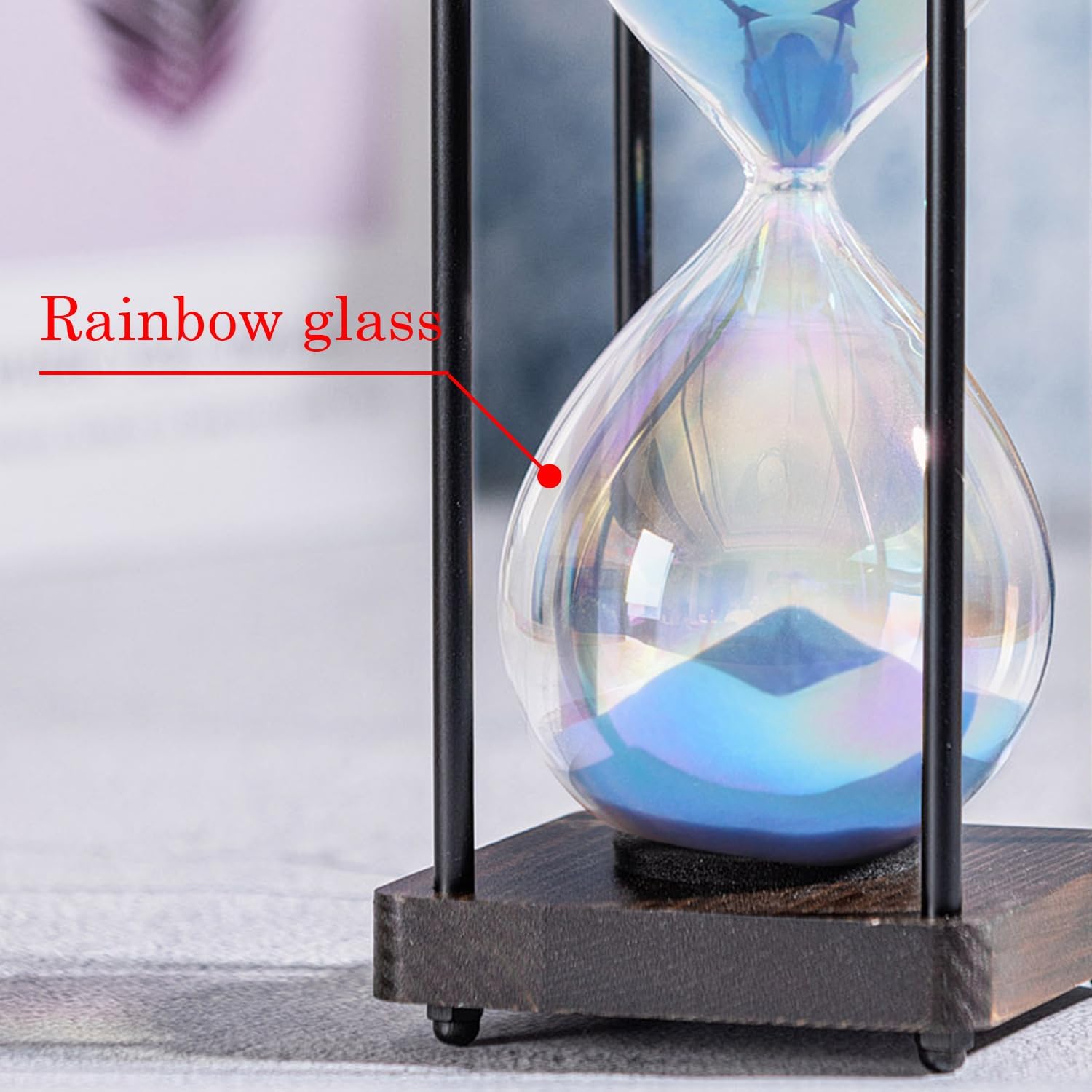 Rainbow Hourglass Timer 60 Minute, Wooden Frame Decorative Sand Timer (Blue Sand, Large Size)-2