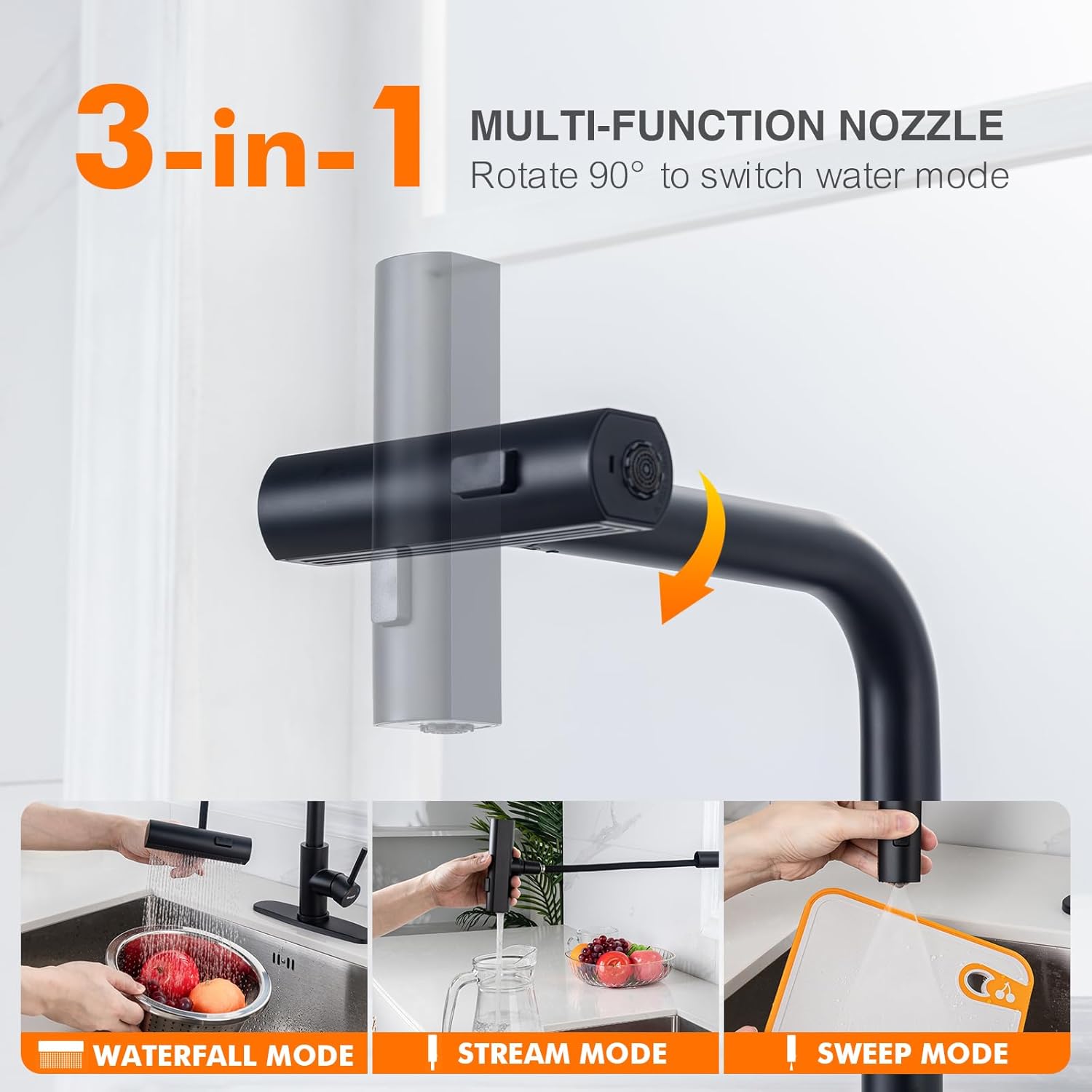 Waterfall Kitchen Faucet 3 in 1 Function, Kitchen Faucet with Pull Down Sprayer, Stainless Steel Kitchen Sink Faucets for Farmhouse, Camper, Laundry, Rv, Bar (Matte Black)-1