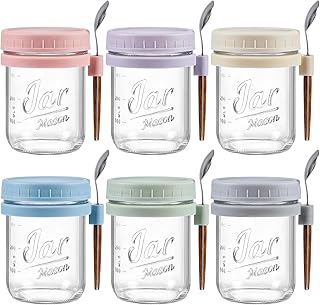 LANDNEOO 6 Pack Overnight Oats Containers with Lids and Spoons, 16 oz Glass Mason Overnight Oats Jars, Large Capacity Airtight Jars for Milk, Cereal, Fruit