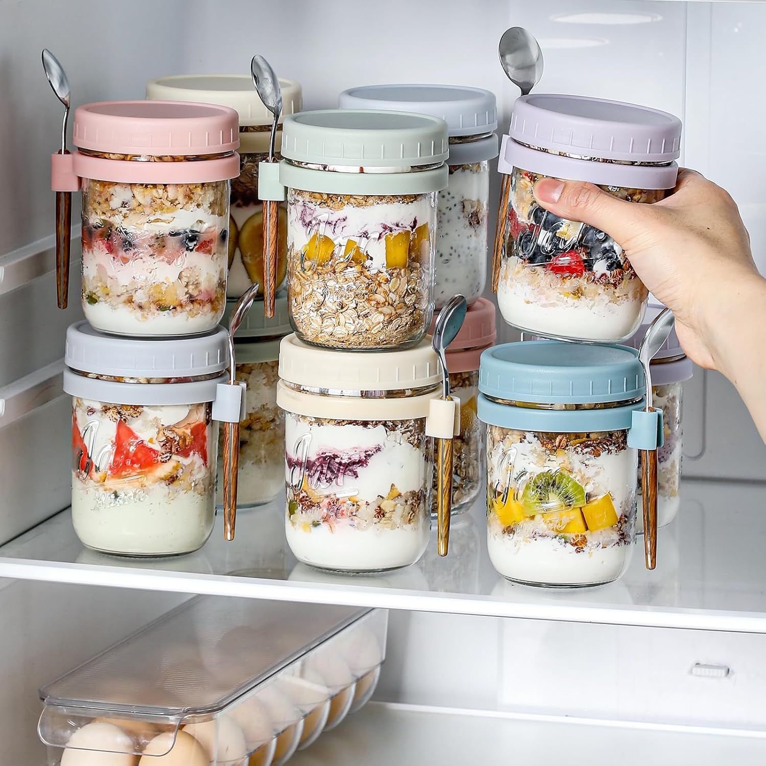 LANDNEOO 6 Pack Overnight Oats Containers with Lids and Spoons, 16 oz Glass Mason Overnight Oats Jars, Large Capacity Airtight Jars for Milk, Cereal, Fruit-4