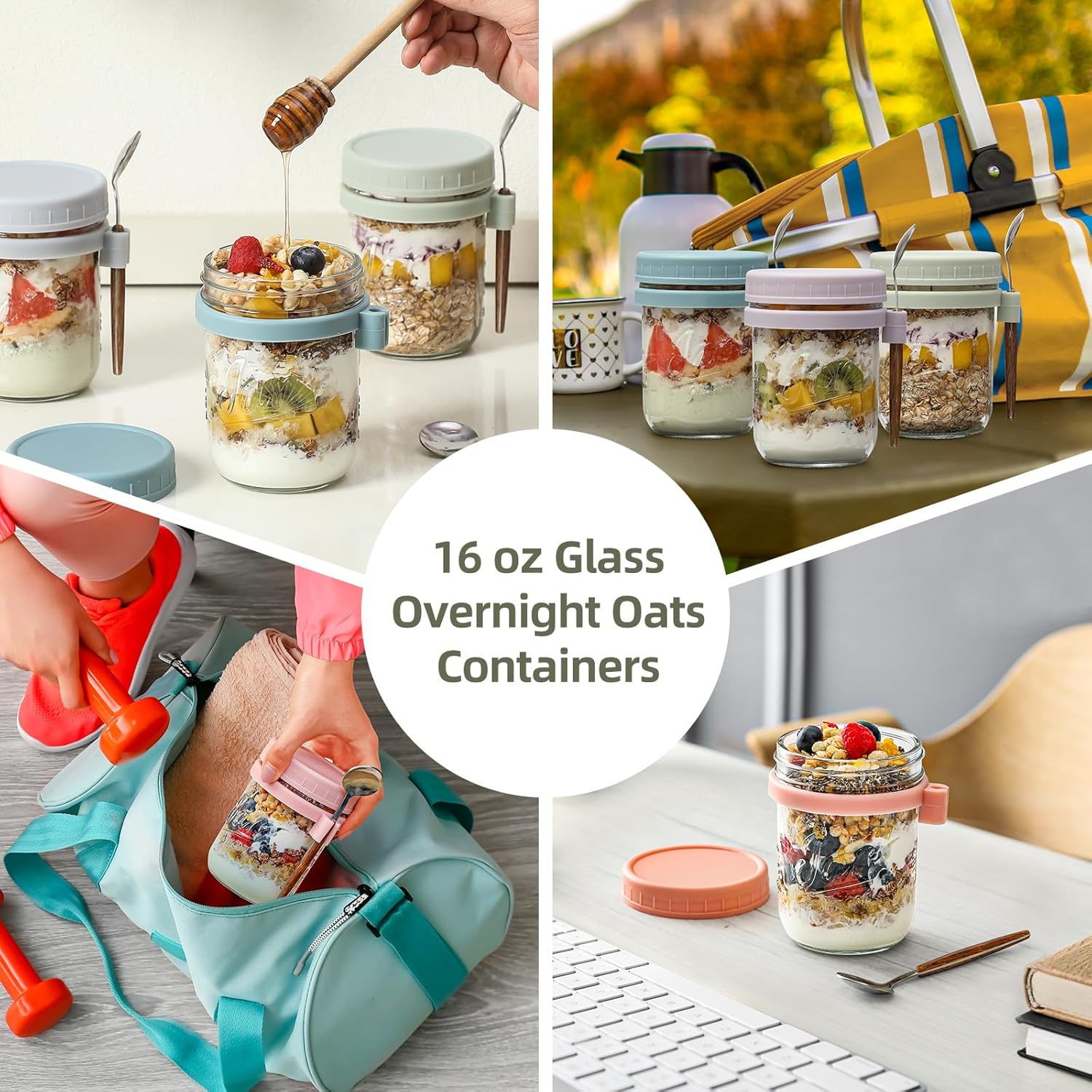 LANDNEOO 6 Pack Overnight Oats Containers with Lids and Spoons, 16 oz Glass Mason Overnight Oats Jars, Large Capacity Airtight Jars for Milk, Cereal, Fruit-5