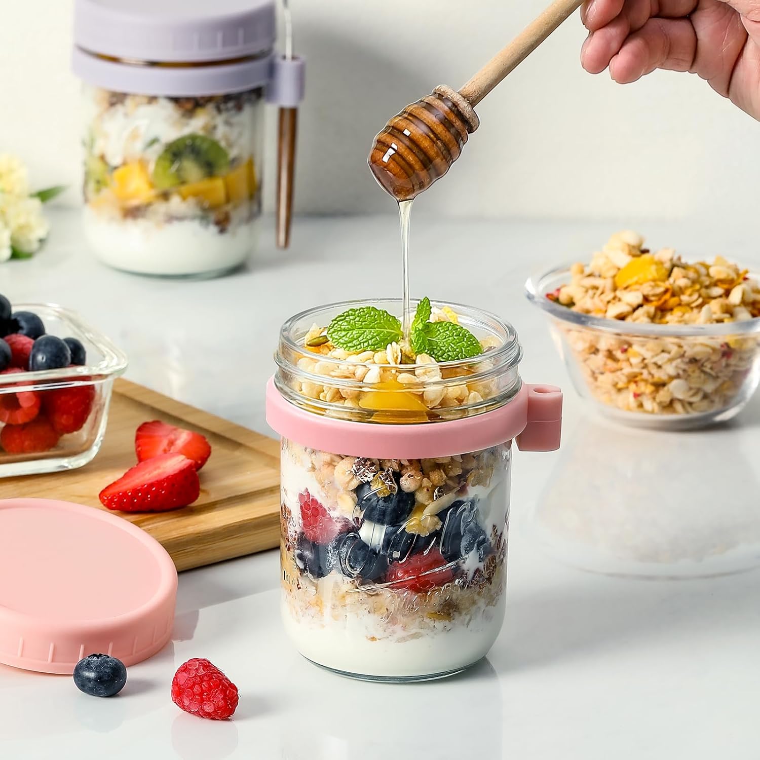 LANDNEOO 6 Pack Overnight Oats Containers with Lids and Spoons, 16 oz Glass Mason Overnight Oats Jars, Large Capacity Airtight Jars for Milk, Cereal, Fruit-6