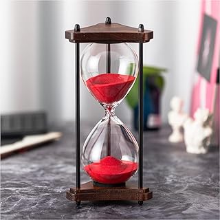 Hourglass Timer 60 Minute, Triangle Wooden Frame Decorative Sand Timer (Red Sand, Large Size)