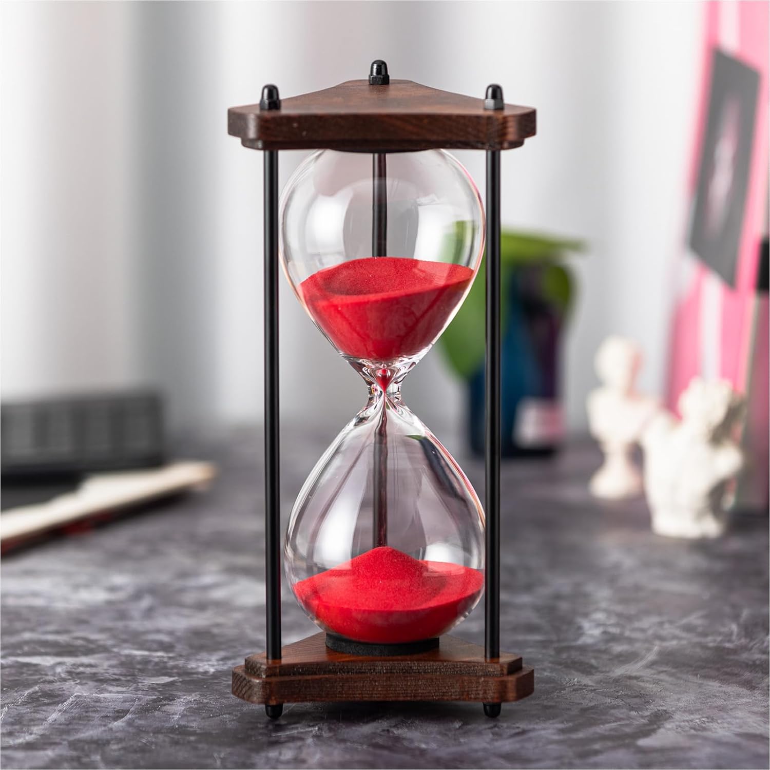 Hourglass Timer 60 Minute, Triangle Wooden Frame Decorative Sand Timer (Red Sand, Large Size)-0