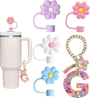 Stanley Cup Accessories, 4pcs Flower Straw Cover and Pink Initial Letter Butterfly Charm Compatible with Stanley 40 oz 30 oz Cup Tumbler with Handle