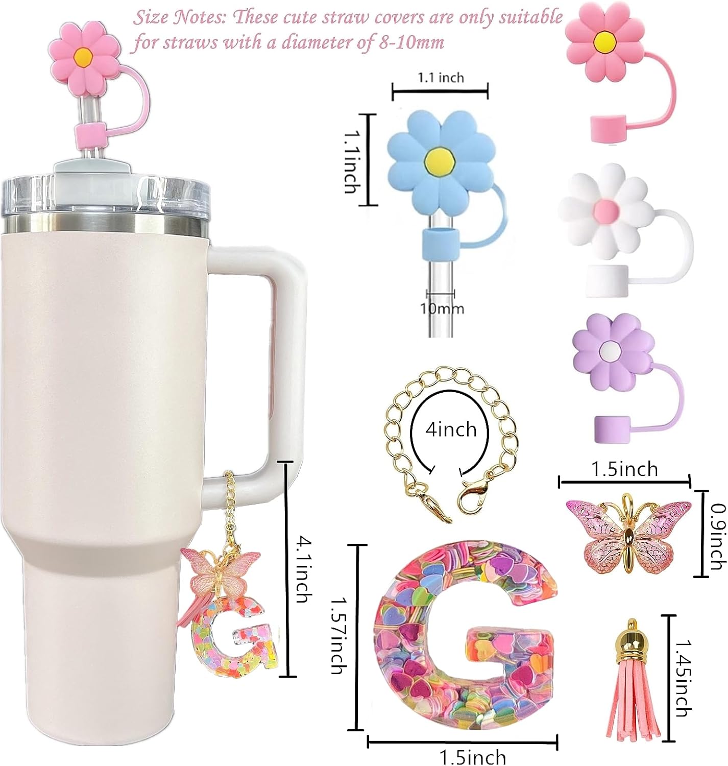 Stanley Cup Accessories, 4pcs Flower Straw Cover and Pink Initial Letter Butterfly Charm Compatible with Stanley 40 oz 30 oz Cup Tumbler with Handle-1