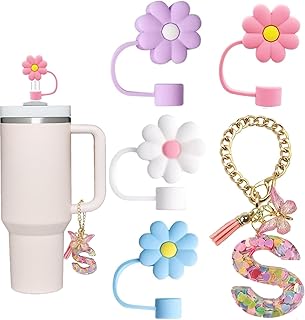 Stanley Cup Accessories, 4pcs Flower Straw Cover and Pink Initial Letter Butterfly Charm Compatible with Stanley 40 oz 30 oz Cup Tumbler with Handle