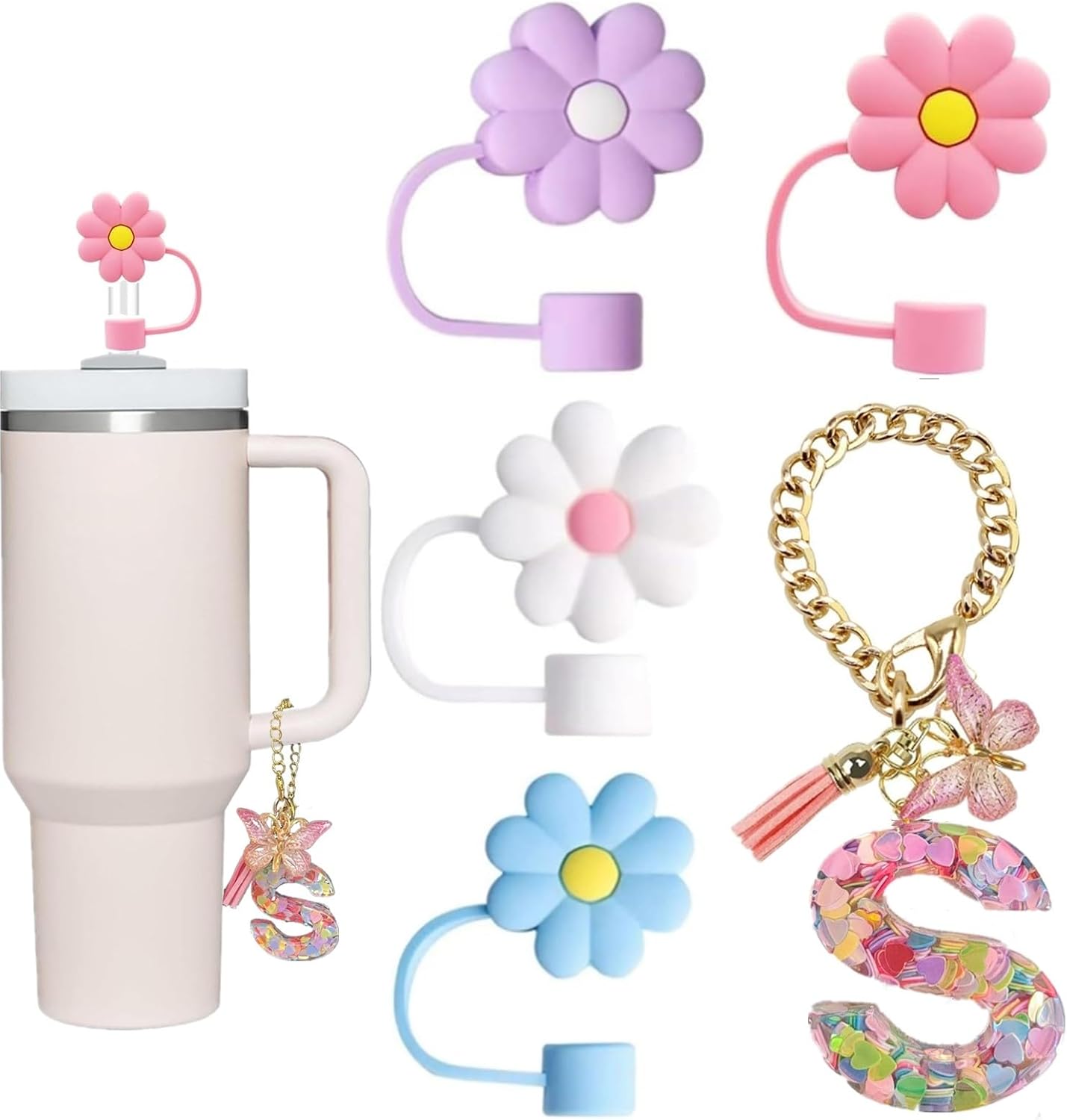 Stanley Cup Accessories, 4pcs Flower Straw Cover and Pink Initial Letter Butterfly Charm Compatible with Stanley 40 oz 30 oz Cup Tumbler with Handle-0