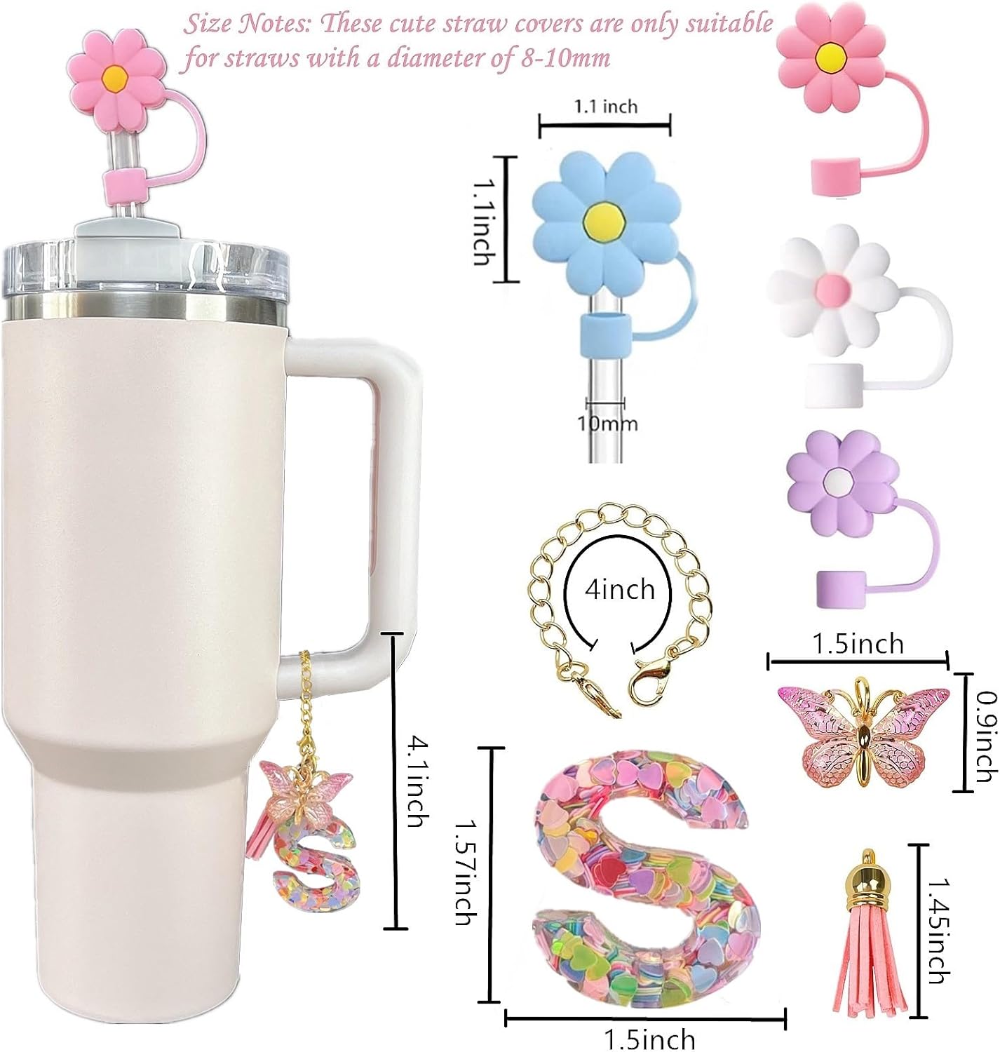 Stanley Cup Accessories, 4pcs Flower Straw Cover and Pink Initial Letter Butterfly Charm Compatible with Stanley 40 oz 30 oz Cup Tumbler with Handle-1