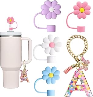 Stanley Cup Accessories, 4pcs Flower Straw Cover and Pink Initial Letter Butterfly Charm Compatible with Stanley 40 oz 30 oz Cup Tumbler with Handle