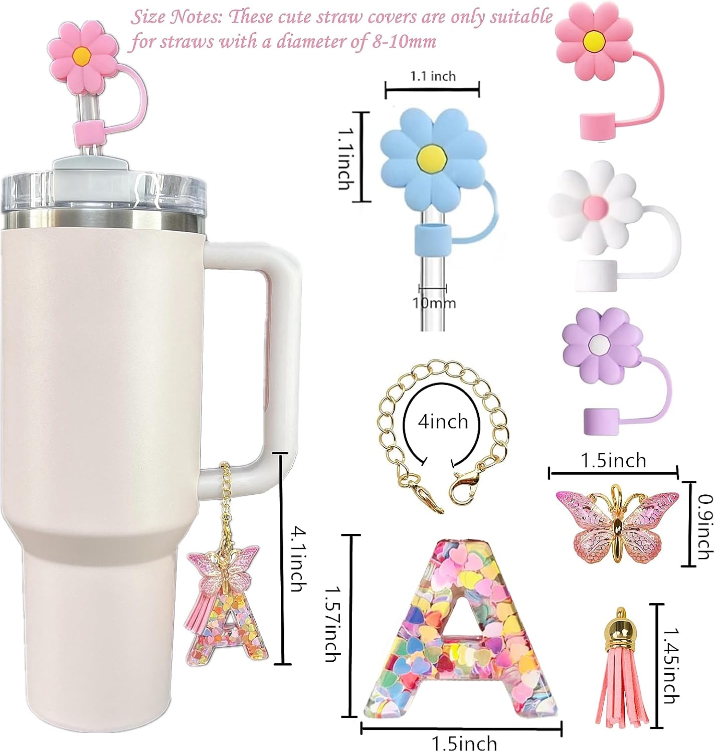 Stanley Cup Accessories, 4pcs Flower Straw Cover and Pink Initial Letter Butterfly Charm Compatible with Stanley 40 oz 30 oz Cup Tumbler with Handle-1