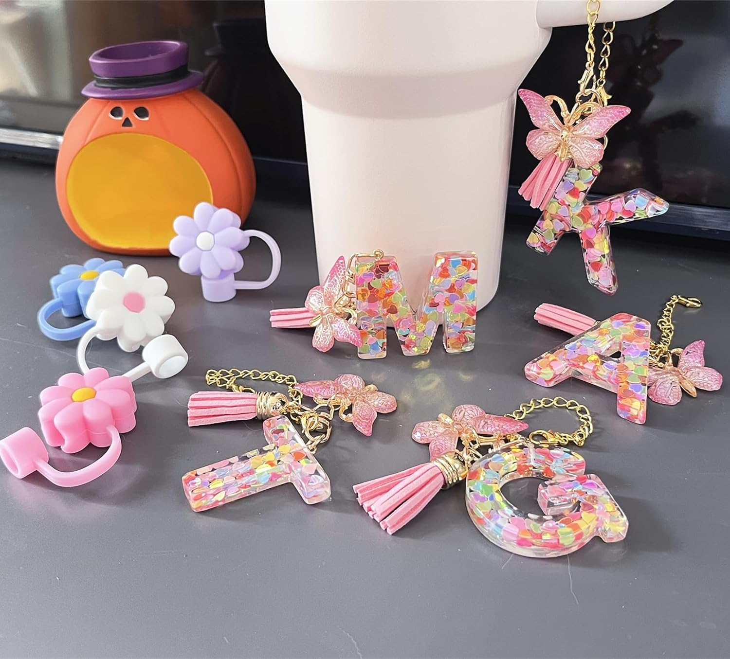 Stanley Cup Accessories, 4pcs Flower Straw Cover and Pink Initial Letter Butterfly Charm Compatible with Stanley 40 oz 30 oz Cup Tumbler with Handle-3