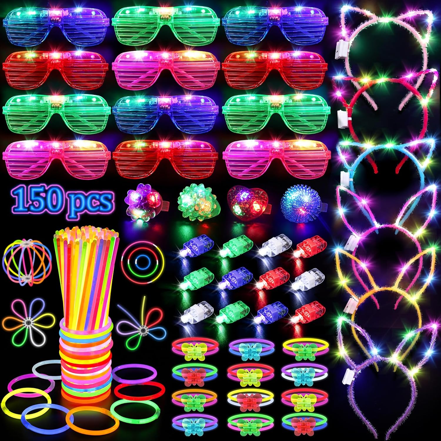 150PCS Glow in the Dark Party Supplies for Kids Adults, Light Up Party Favors with Light Up Glasses, Headband, Rings, 100 Glow Sticks Bulk Party Pack DIY Glow Necklaces Bracelets, Neon Party Supplies-0