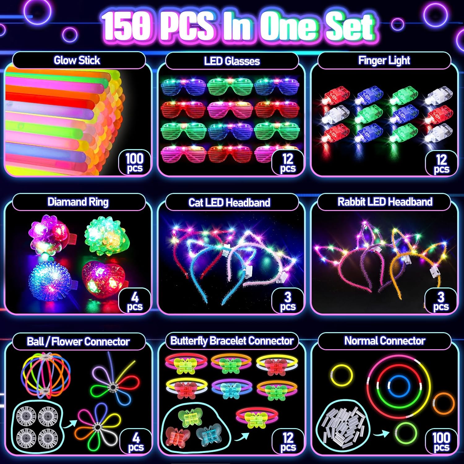 150PCS Glow in the Dark Party Supplies for Kids Adults, Light Up Party Favors with Light Up Glasses, Headband, Rings, 100 Glow Sticks Bulk Party Pack DIY Glow Necklaces Bracelets, Neon Party Supplies-1