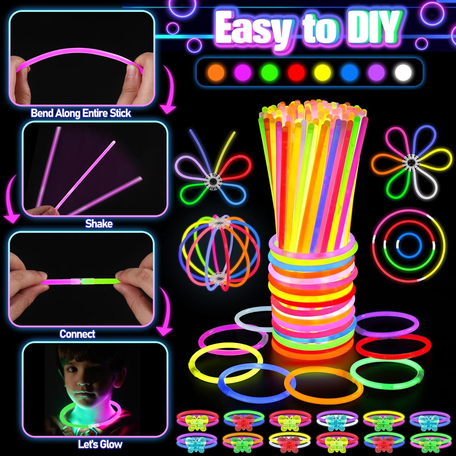 150PCS Glow in the Dark Party Supplies for Kids Adults, Light Up Party Favors with Light Up Glasses, Headband, Rings, 100 Glow Sticks Bulk Party Pack DIY Glow Necklaces Bracelets, Neon Party Supplies-2