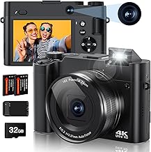 4K Digital Camera, 64MP Rear and Front Camera for Photography and Video Autofocus Anti-Shake, 3'' Selfie Flip Vlogging Camera with Ultra Bright Flash, Camera with Dial 16X Zoom (2 Batteries+Charger)