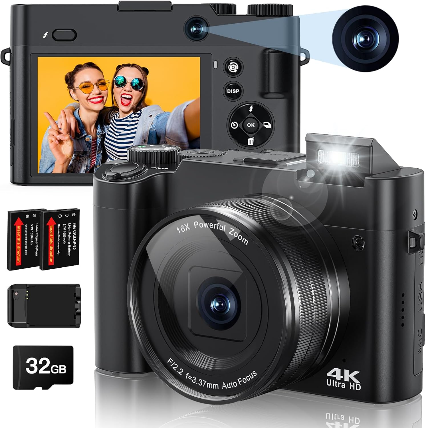 4K Digital Camera, 64MP Rear and Front Camera for Photography and Video Autofocus Anti-Shake, 3'' Selfie Flip Vlogging Camera with Ultra Bright Flash, Camera with Dial 16X Zoom (2 Batteries+Charger)-0