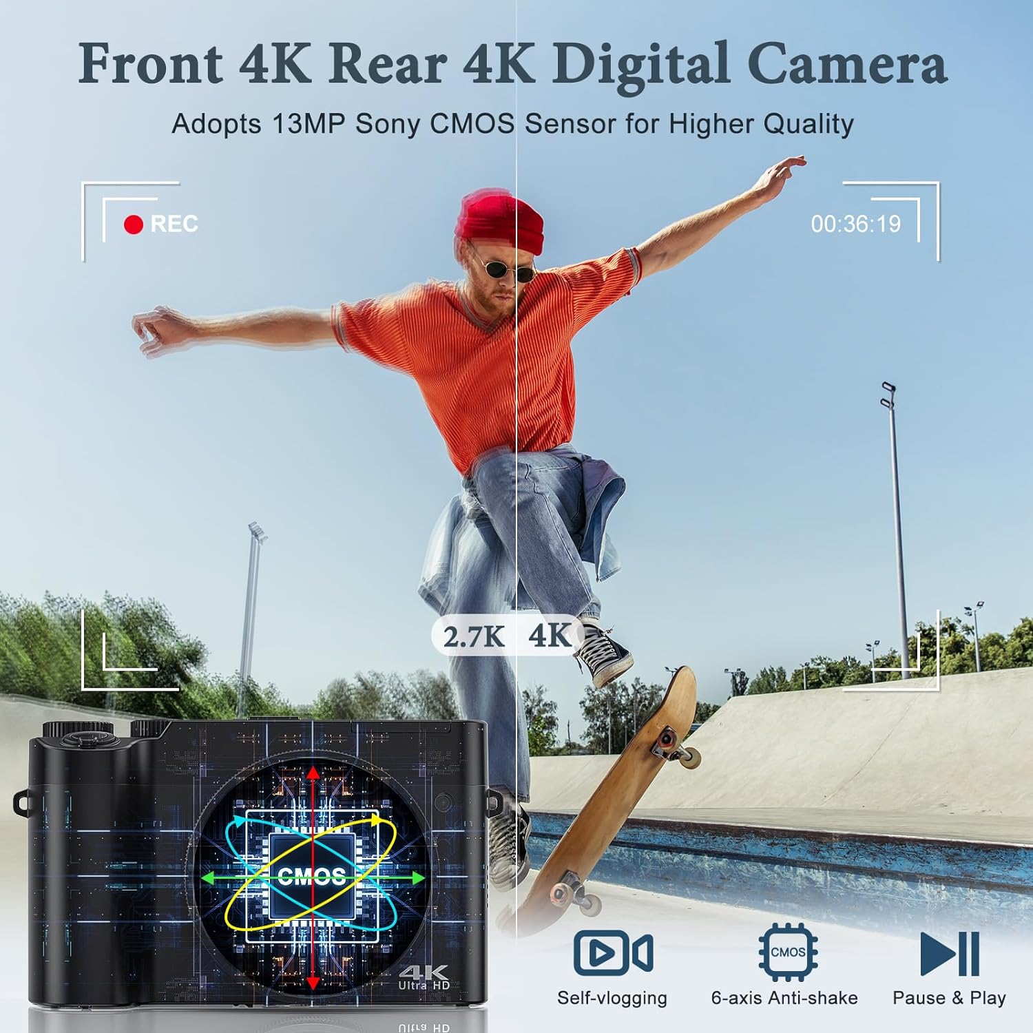 4K Digital Camera, 64MP Rear and Front Camera for Photography and Video Autofocus Anti-Shake, 3'' Selfie Flip Vlogging Camera with Ultra Bright Flash, Camera with Dial 16X Zoom (2 Batteries+Charger)-1