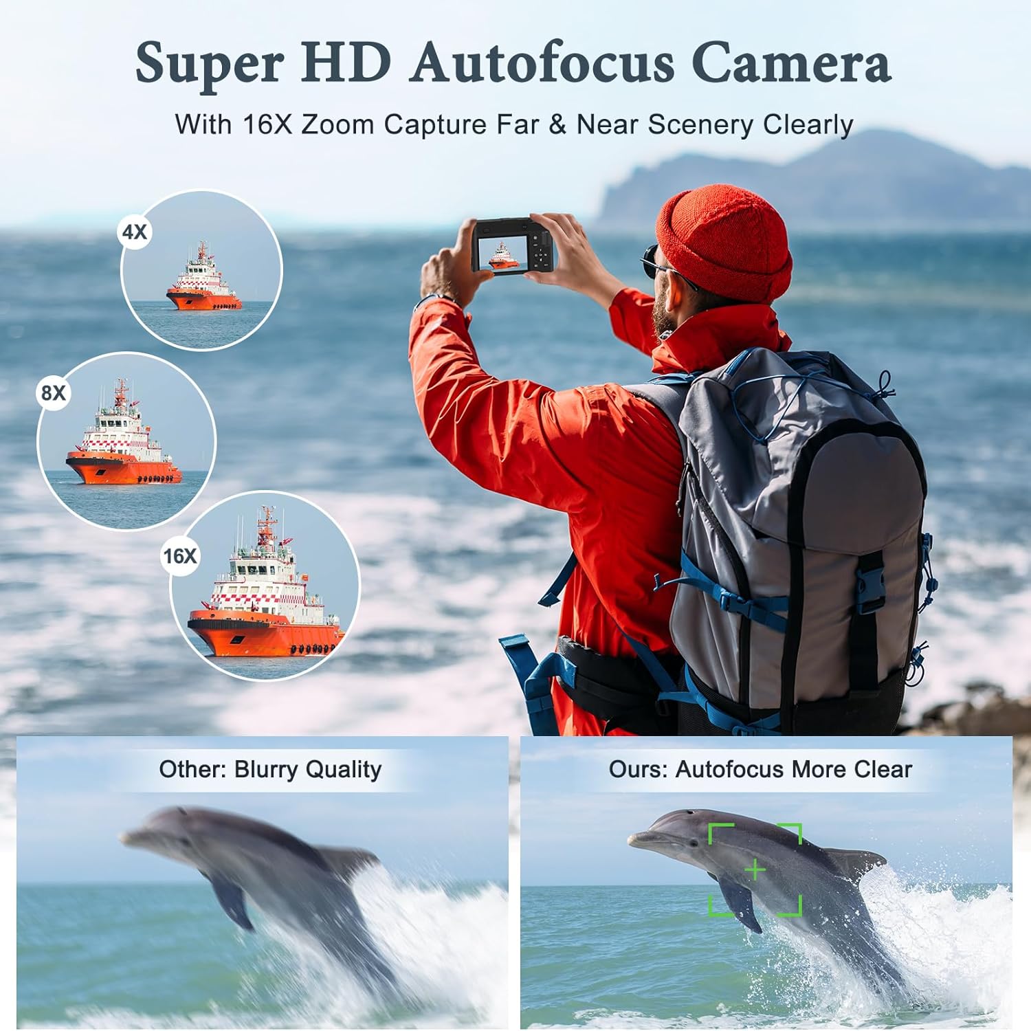 4K Digital Camera, 64MP Rear and Front Camera for Photography and Video Autofocus Anti-Shake, 3'' Selfie Flip Vlogging Camera with Ultra Bright Flash, Camera with Dial 16X Zoom (2 Batteries+Charger)-3