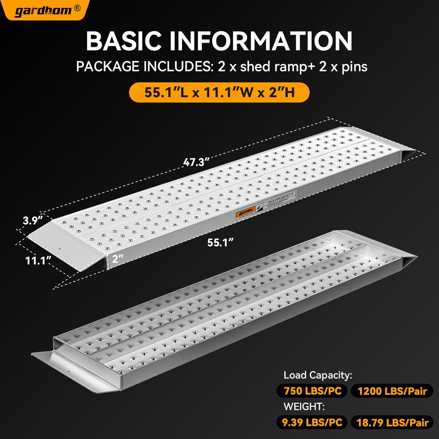 Aluminum Shed Ramps 55x12inch, gardhom 2PCS Riding Mower Ramps 1500lbs Capacity for Curb Steps Stairs Dirt Bike Motorcycle Lawn Mower Snow Blower Loading Ramps-2