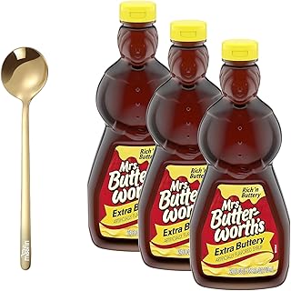 Mrs. Butterworth's Extra Buttery Pancake Syrup, 24 fl oz - Extra Buttery Taste Pancake Syrup, Ideal for Waffles & French Toast, with Moofin Golden SS Spoon - Traditional Flavor, 3-Pack