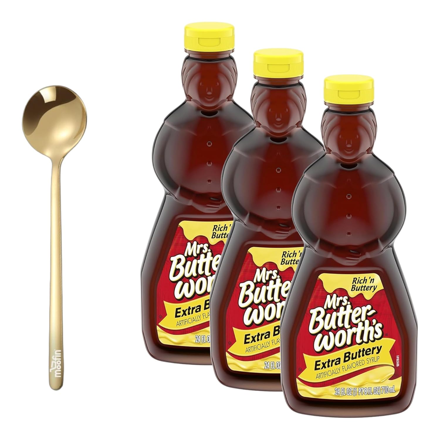 Mrs. Butterworth's Extra Buttery Pancake Syrup, 24 fl oz - Extra Buttery Taste Pancake Syrup, Ideal for Waffles & French Toast, with Moofin Golden SS Spoon - Traditional Flavor, 3-Pack-0