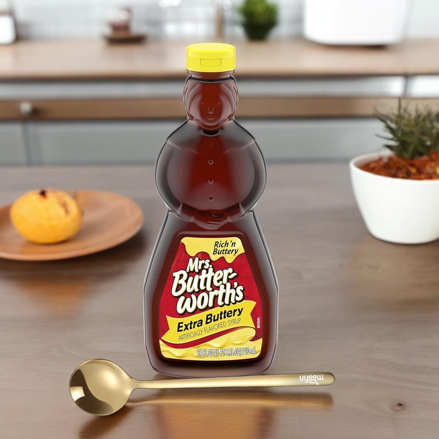 Mrs. Butterworth's Extra Buttery Pancake Syrup, 24 fl oz - Extra Buttery Taste Pancake Syrup, Ideal for Waffles & French Toast, with Moofin Golden SS Spoon - Traditional Flavor, 3-Pack-1