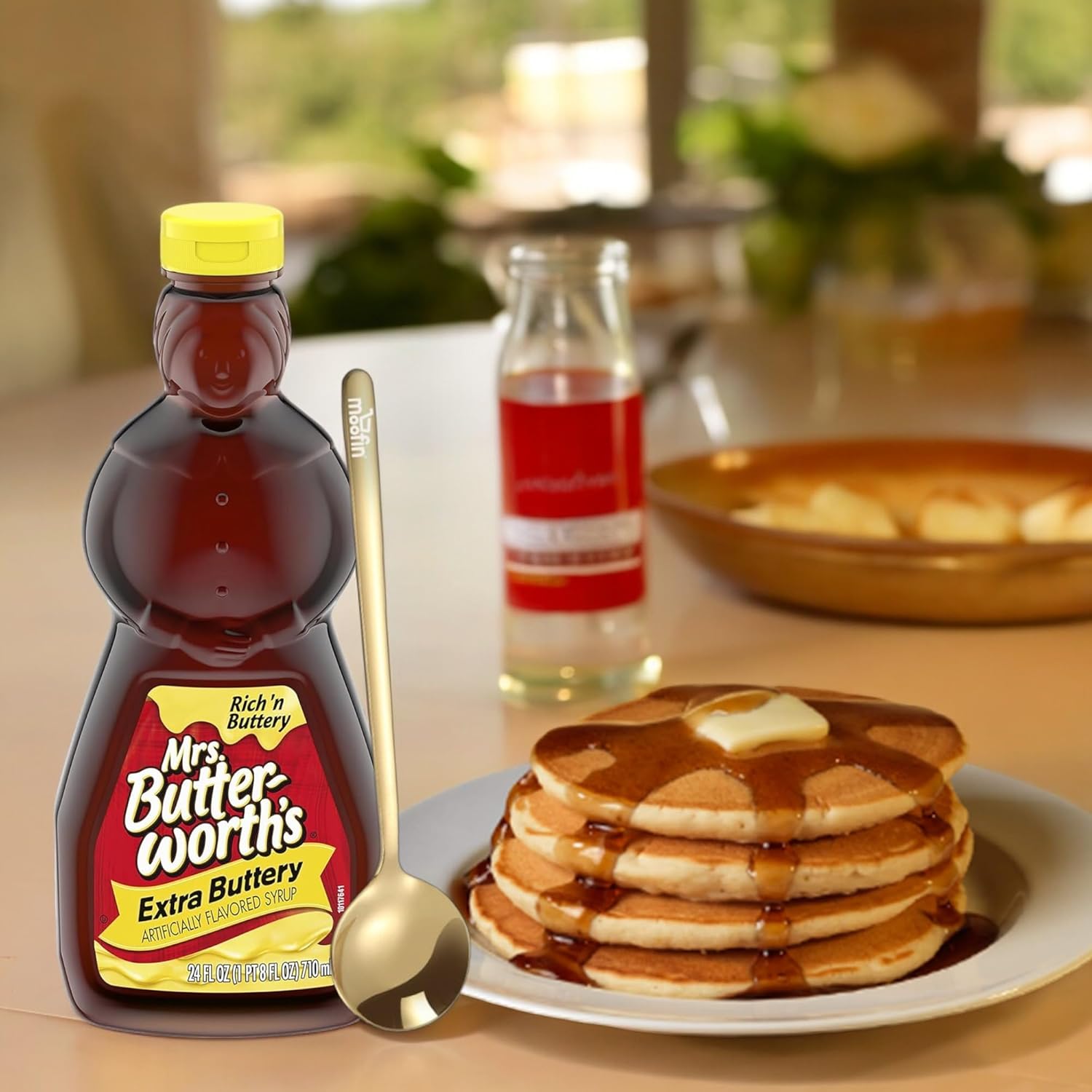 Mrs. Butterworth's Extra Buttery Pancake Syrup, 24 fl oz - Extra Buttery Taste Pancake Syrup, Ideal for Waffles & French Toast, with Moofin Golden SS Spoon - Traditional Flavor, 3-Pack-2