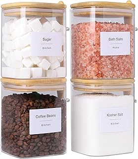 27oz Glass Food Storage Jars Set of 4,Clear Glass Storage Containers with Bamboo Lids,Pantry Organization Jar, Spice, Coffee and Sugar Container, Small Canister Set for Kitchen