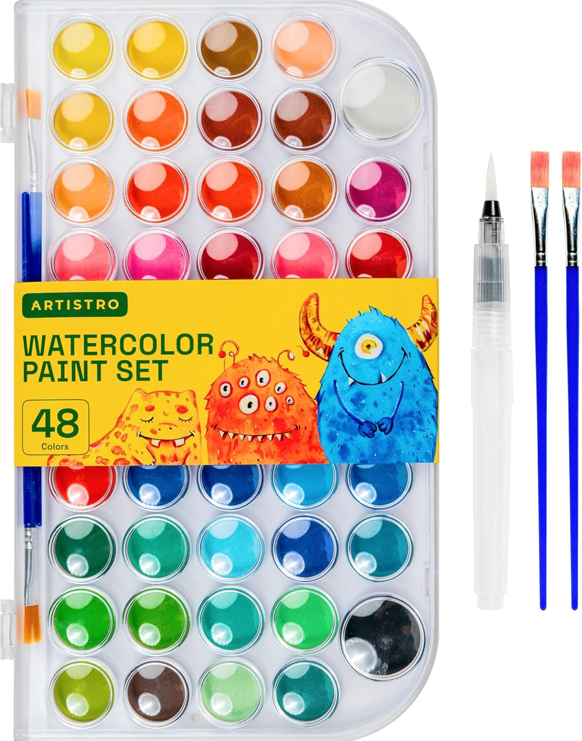 ARTISTRO Washable Watercolor Paint Set 48 Colors with 2 brushes, Refillable Water Brush Pen and Palette, Water Color Paint Set for Kids, Adults, Beginner Artists (2)-0