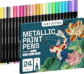 ARTISTRO Metallic Markers with Medium Tip, Metallic Acrylic Paint Markers, Metallic Paint Pens Pre-Activated, Metallic Pens for Kids & Adults, Metallic Markers for Black Paper, Rocks (Fine Tip, 24)