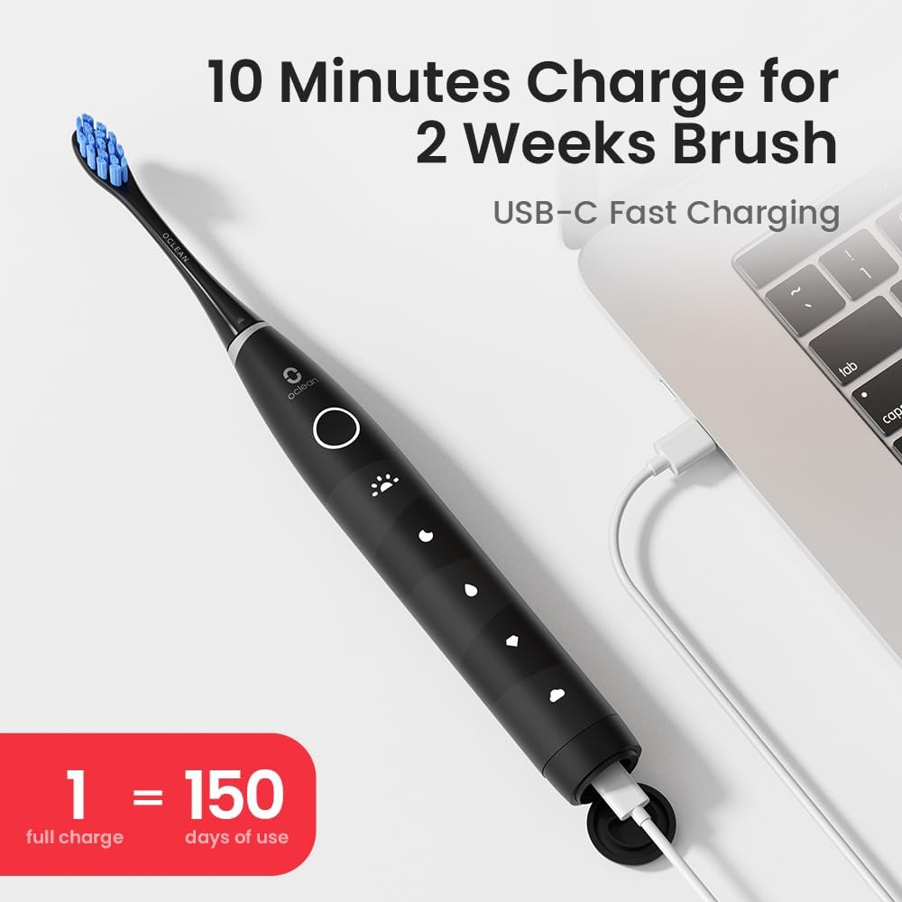 Oclean Electric Toothbrush for Adults, 150 Days Battery Life Electric Toothbrush, USB Rechargeable Sonic Travel Toothbrush with 6 Brush Heads & Travel Case, 5 Modes and Smart Timer-2