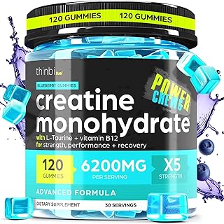 Creatine Monohydrate Gummies Complex 6200mg for Men & Women - 120 Gummies Advanced Formula W/L-Taurine + Vitamin B12 for Muscle Strength, Muscle Builder, Energy Boost, Pre-Workout Supplement - Thinbi