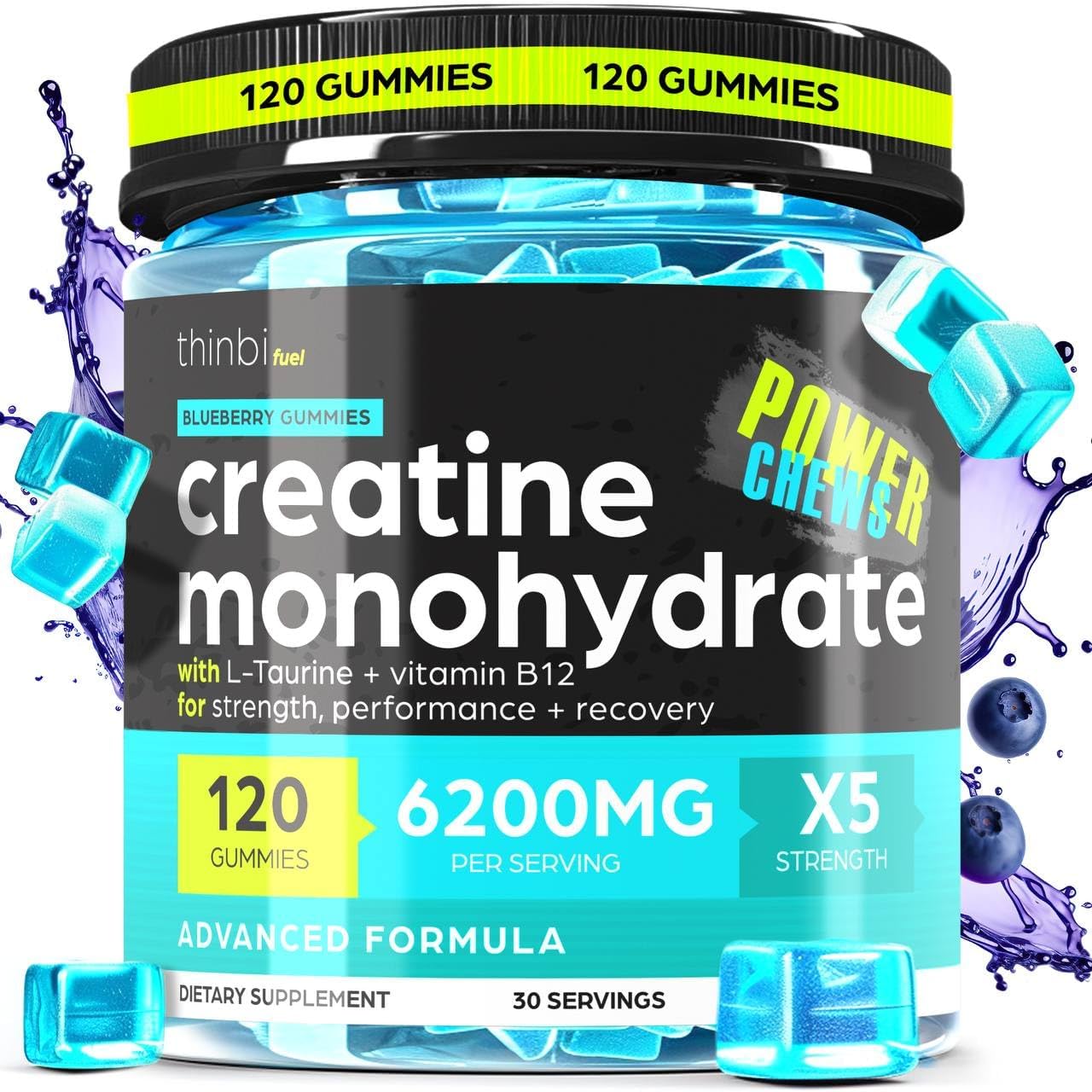 Creatine Monohydrate Gummies Complex 6200mg for Men & Women - 120 Gummies Advanced Formula W/L-Taurine + Vitamin B12 for Muscle Strength, Muscle Builder, Energy Boost, Pre-Workout Supplement - Thinbi-0