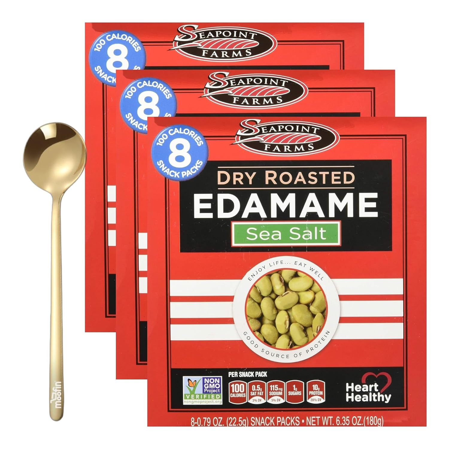 Dry Roasted Edamame Sea Salt, 180g - Protein-Rich Roasted Edamame Snacks Bundle With Golden Ss Spoon - Convenient 8-Pack, Low Sodium, Non-Gmo Snack Packs [Pack Of 3]-0