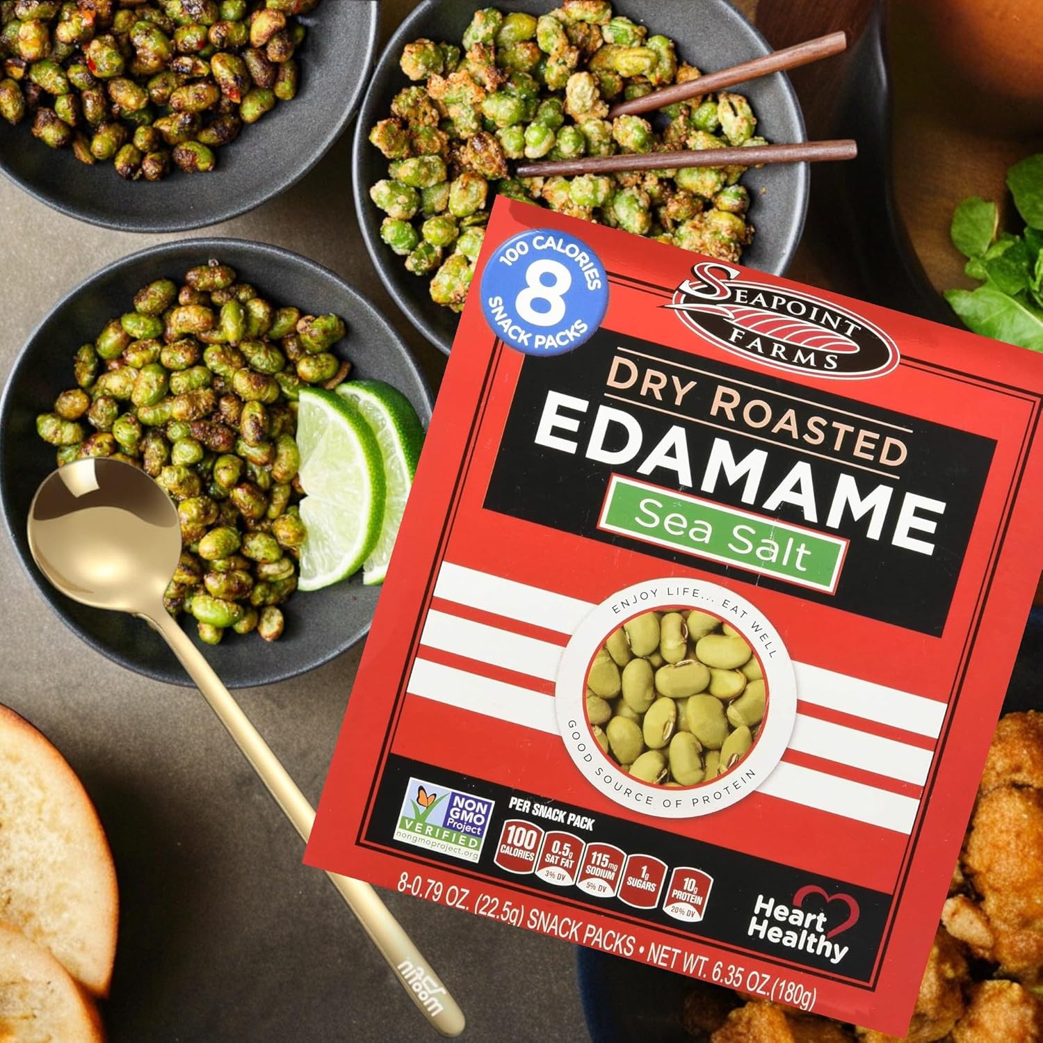 Dry Roasted Edamame Sea Salt, 180g - Protein-Rich Roasted Edamame Snacks Bundle With Golden Ss Spoon - Convenient 8-Pack, Low Sodium, Non-Gmo Snack Packs [Pack Of 3]-1