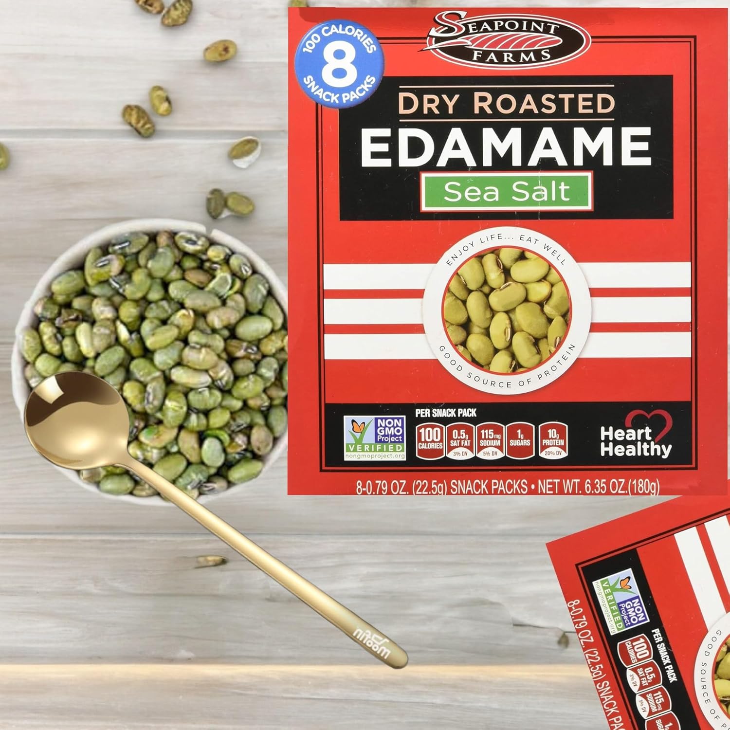 Dry Roasted Edamame Sea Salt, 180g - Protein-Rich Roasted Edamame Snacks Bundle With Golden Ss Spoon - Convenient 8-Pack, Low Sodium, Non-Gmo Snack Packs [Pack Of 3]-2