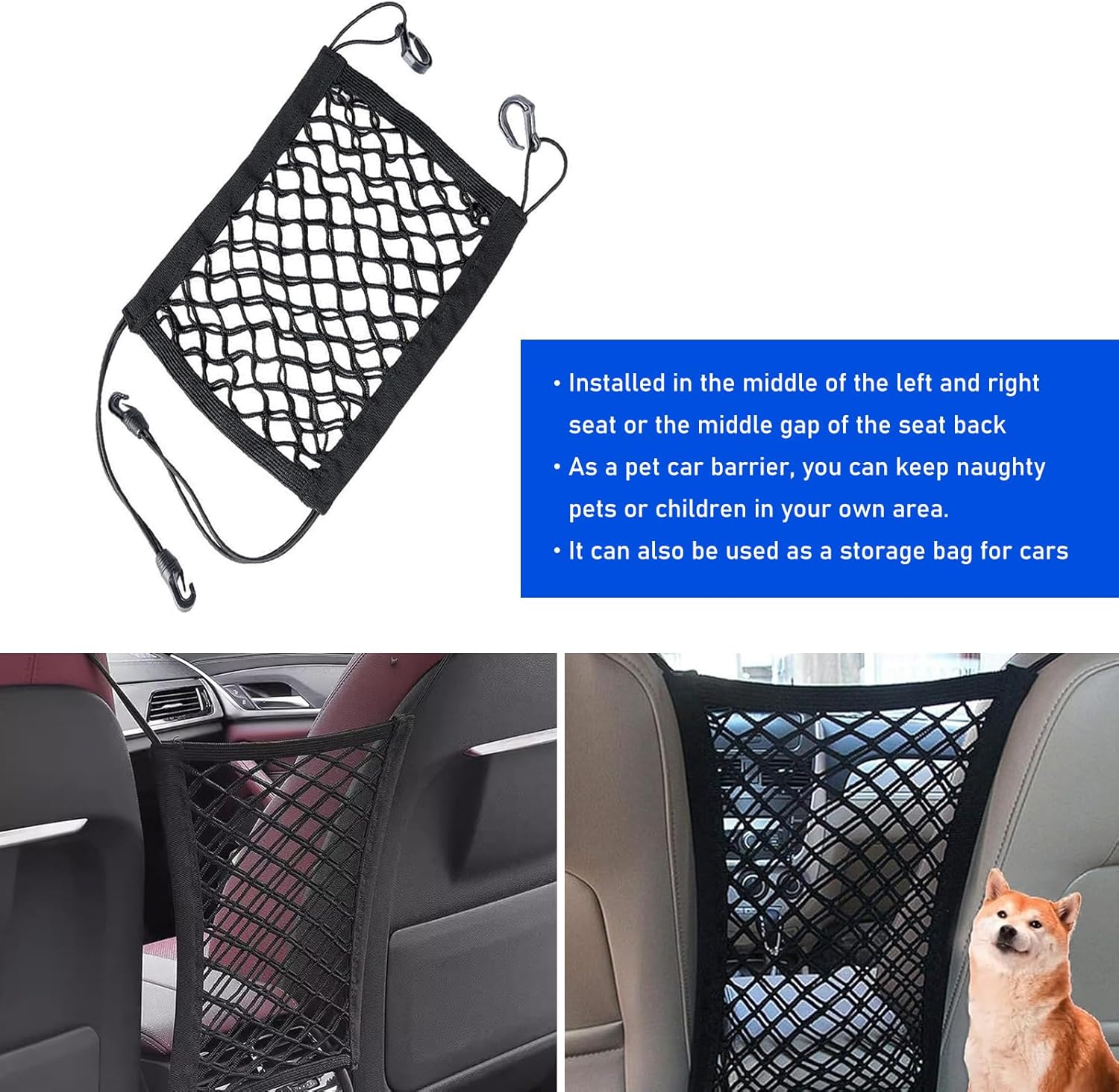 1 PC Car Front and Rear Seats Pet Isolation Net, Double-Layer Coarse Net Breathable Anti-Scratch Anti-Collision Dog Safety Barrier Protection, Flexible Storage Bag, Universal for Cars (Black)-4