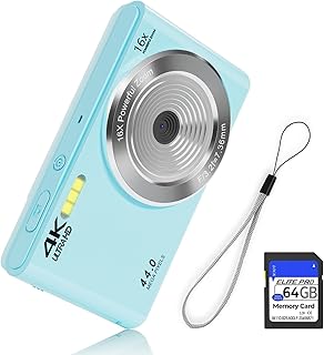 Digital Camera FHD 4K 44MP with 64GB SD Card 16X Digital Zoom Point and Shoot Digital Camera Blue Auto Focus 1080P Compact Cheap Small Simple Camera Gifts for Teens Kids Boys Girls (MilkyBlue)