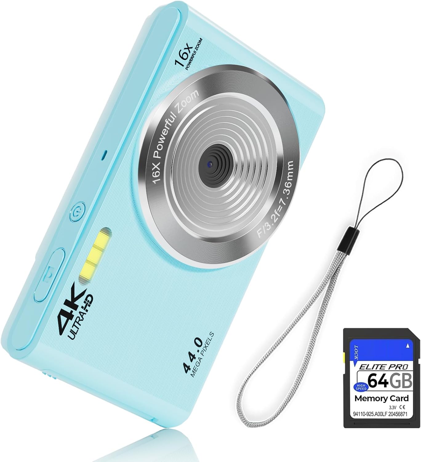 Digital Camera FHD 4K 44MP with 64GB SD Card 16X Digital Zoom Point and Shoot Digital Camera Blue Auto Focus 1080P Compact Cheap Small Simple Camera Gifts for Teens Kids Boys Girls (MilkyBlue)-0