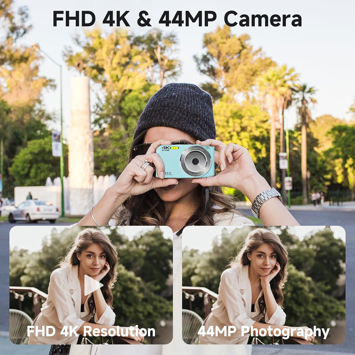 Digital Camera FHD 4K 44MP with 64GB SD Card 16X Digital Zoom Point and Shoot Digital Camera Blue Auto Focus 1080P Compact Cheap Small Simple Camera Gifts for Teens Kids Boys Girls (MilkyBlue)-1