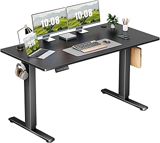 Sweetcrispy Electric Adjustable Height Standing Desk - 55 x 24 inch Sit to Stand Up Desk with Splice Board, Rising Home Office Computer Table with 2 Hook and Wire Hole for Work