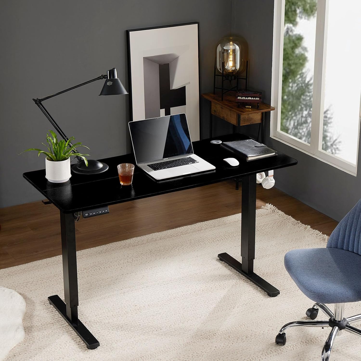 Sweetcrispy Electric Adjustable Height Standing Desk - 55 x 24 inch Sit to Stand Up Desk with Splice Board, Rising Home Office Computer Table with 2 Hook and Wire Hole for Work-1