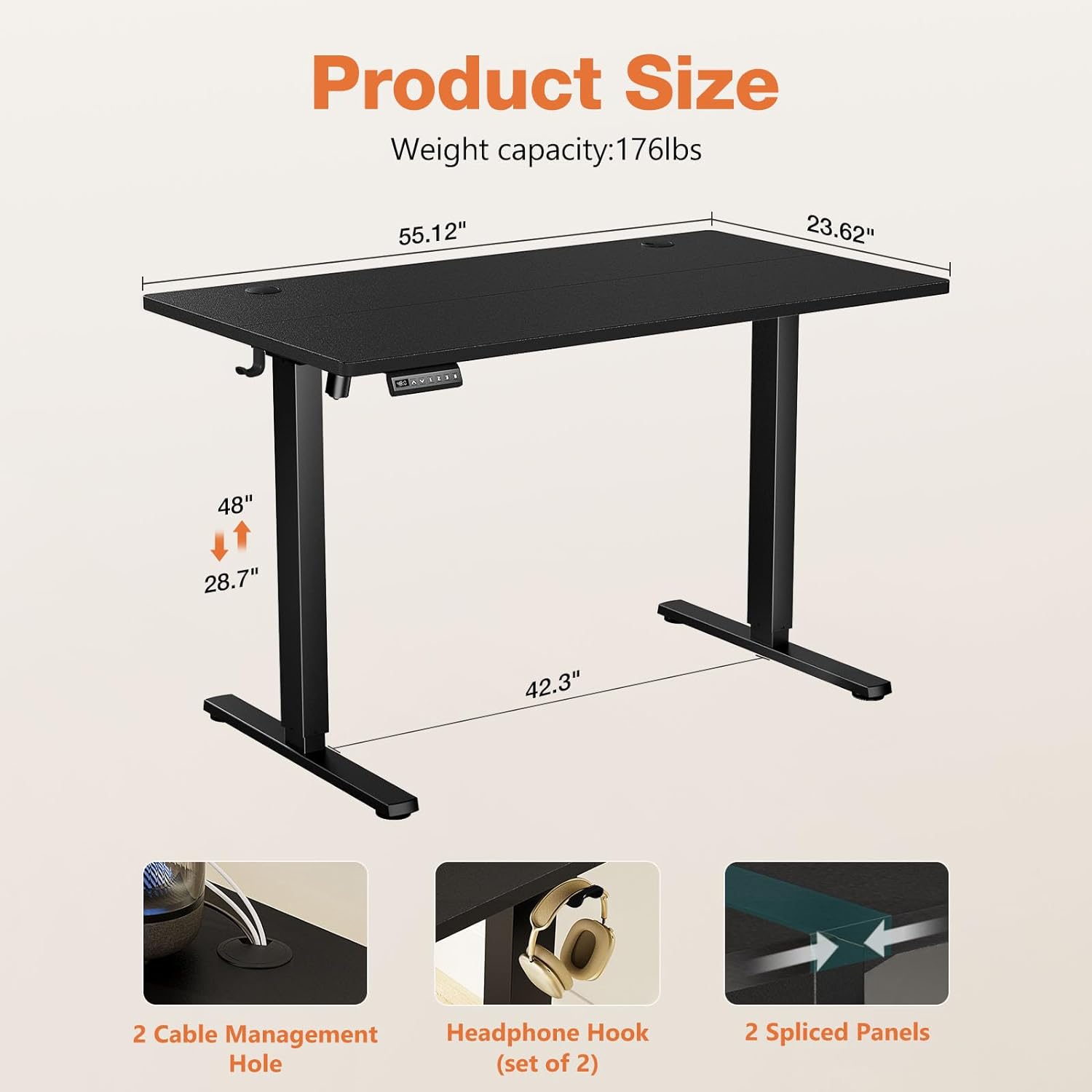 Sweetcrispy Electric Adjustable Height Standing Desk - 55 x 24 inch Sit to Stand Up Desk with Splice Board, Rising Home Office Computer Table with 2 Hook and Wire Hole for Work-2